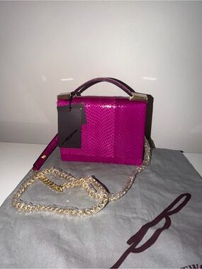 Brian Atwood Aston Fuchsia Pink Snakeskin Chain Crossbody Clutch Handbag